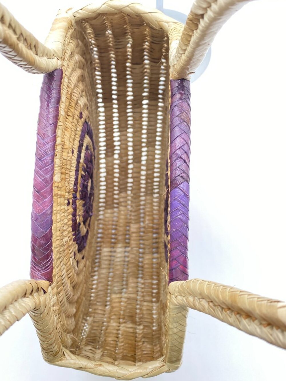 Handwoven Round Straw Tote Bag Purple Floral Boho Beach Market Basket - Picture 2 of 8